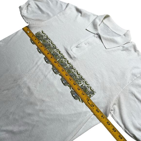 Vintage Hawaiian Fishermen Graphic Polo Shirt Gray Short Sleeve Sz M / L  Tribal - Picture 5 of 10